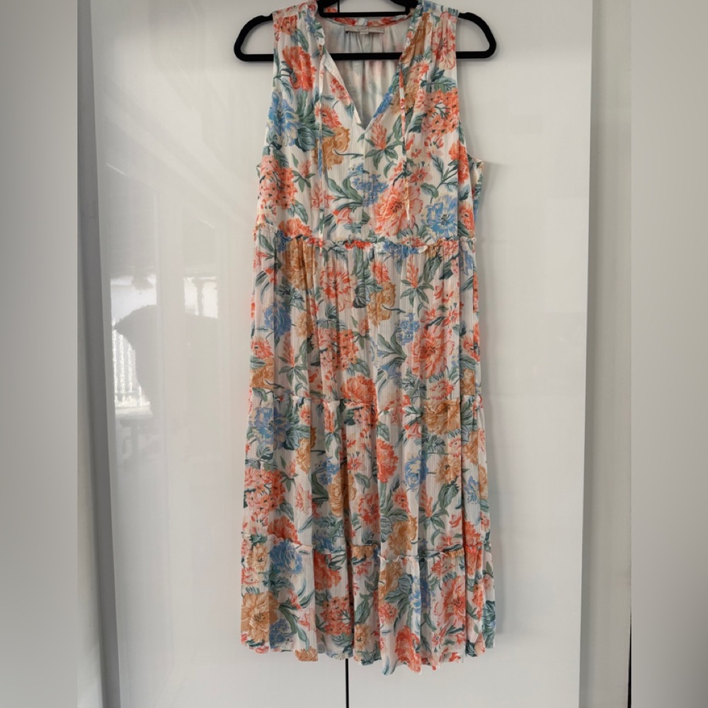 LOFT Floral Midi Dress in Orange, Blue & Cream - Picture 2 of 11
